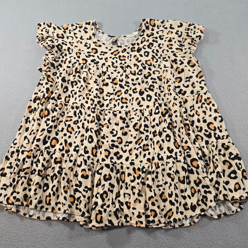Entro Babydoll Top Womens Size M Tan Leopard Print Tiered Ruffle Cap Sleeve